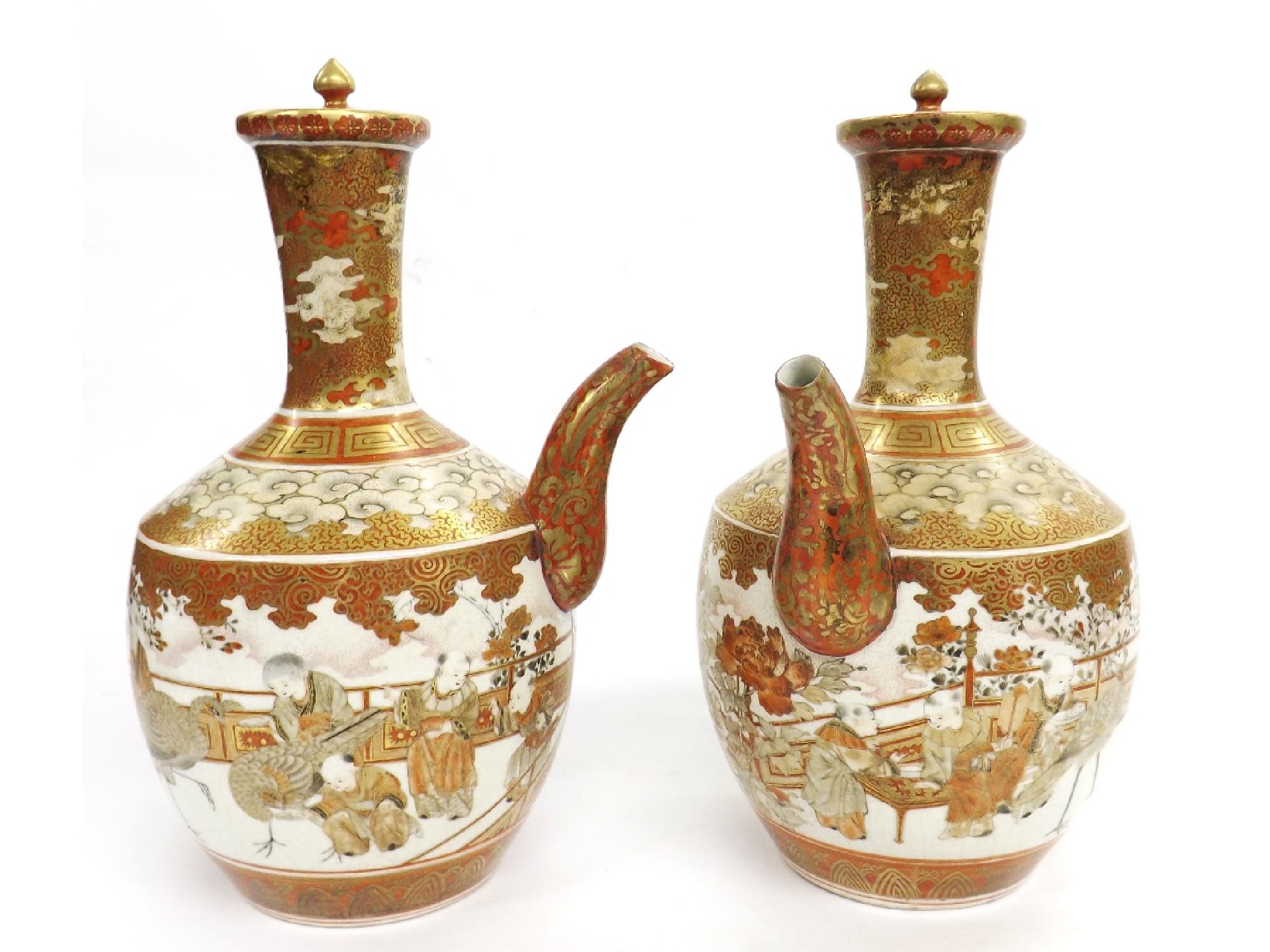 Appraisal: Pair of Satsuma Kutani porcelain lidded ewers decorated with figures