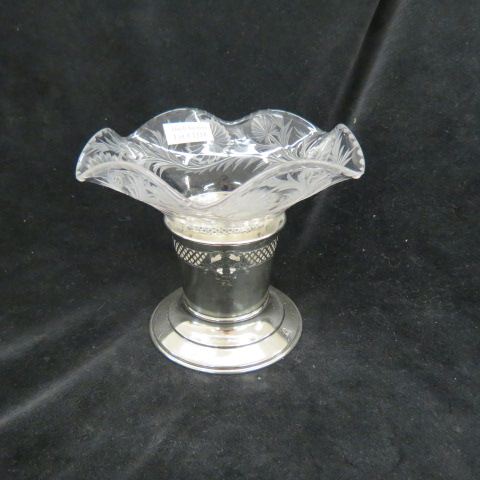 Appraisal: Sterling Silver Engraved Crystal Vase elegant floral cut tall diameters