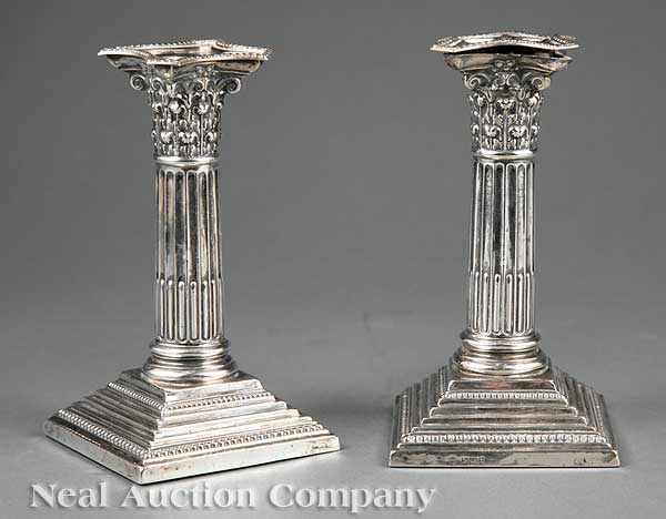 Appraisal: A Pair of Antique English Sterling Silver Corinthian Column Candlesticks