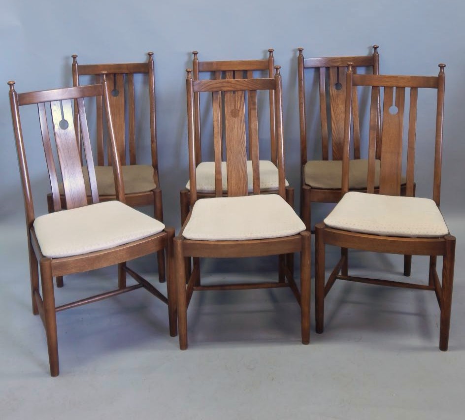 Appraisal: A set of six Ercol mid coloured elm dining chairs