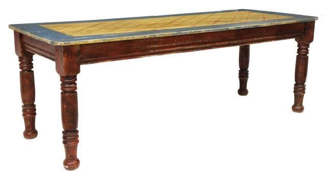 Appraisal: Rustic painted pine farmhouse table th c having rectangular paneled