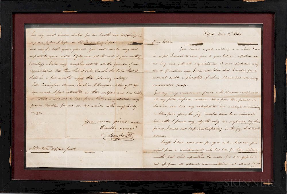 Appraisal: Manuscript Letter from Joseph Smith to Benjamin Hoppin While Imprisoned