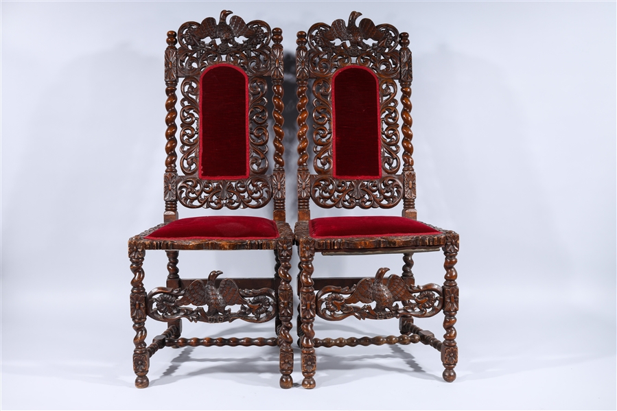 Appraisal: Set of two antique mohair dining chairs carved oak ornate