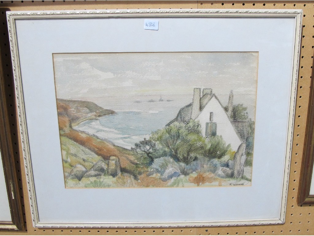 Appraisal: Pastel and wash coastal landscape with a house signed K