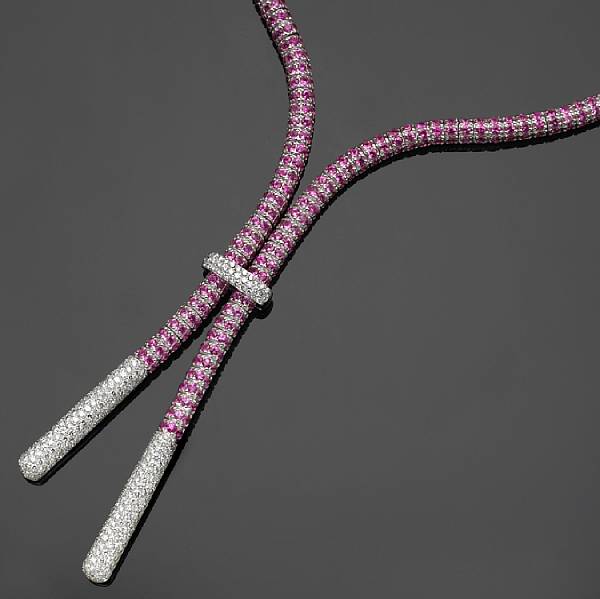 Appraisal: A pink sapphire diamond and k white gold lariat necklace