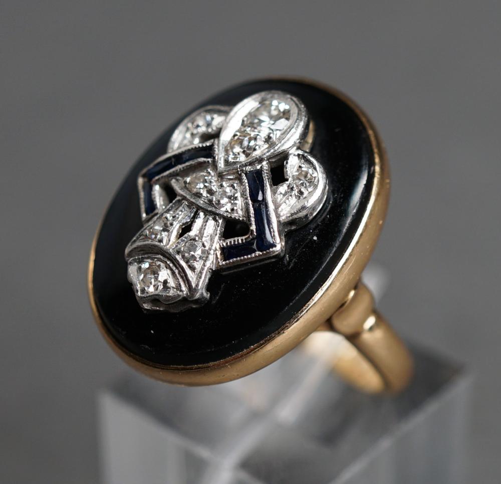 Appraisal: -Karat Yellow-Gold Diamond Blue Sapphire and Black Onyx Ring dwt