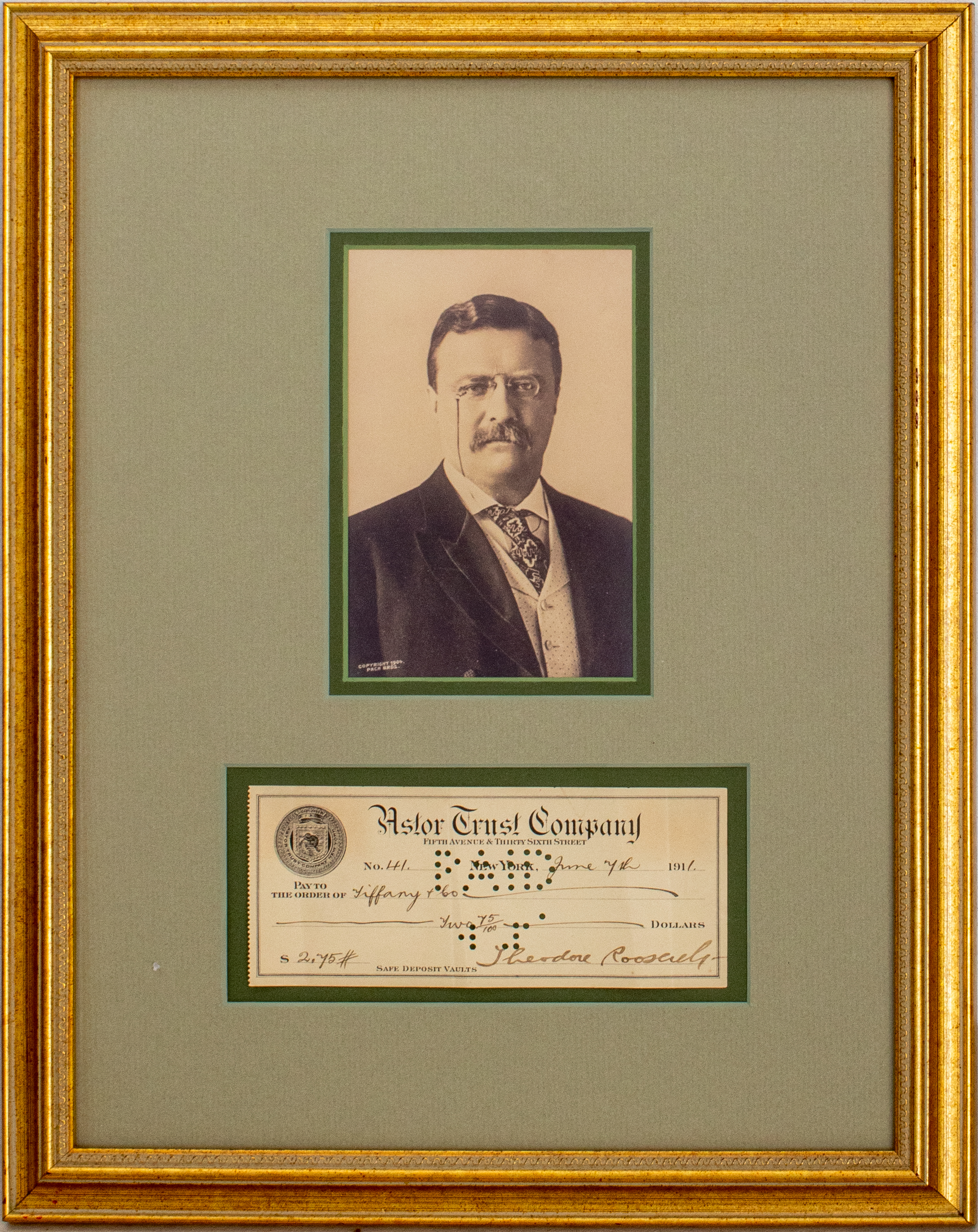 Appraisal: SIGNED THEODORE ROOSEVELT CHECK TO TIFFANY CO Signed Theodore Roosevelt