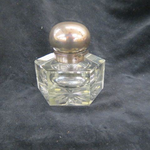 Appraisal: Silver Cut Glass Inkwell hexagon with fine silver top excellent