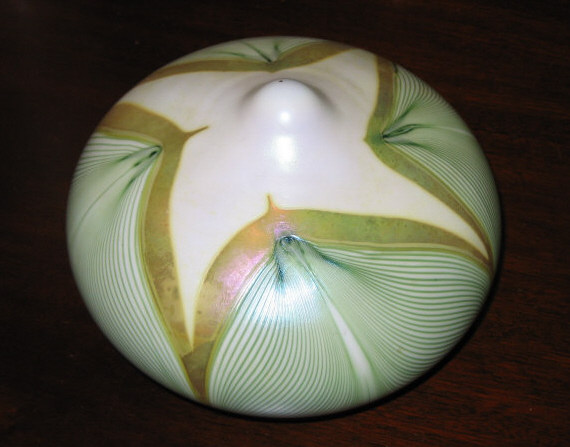 Appraisal: PROBABLY QUEZEL Iridescent glass shade of flattened globular form with