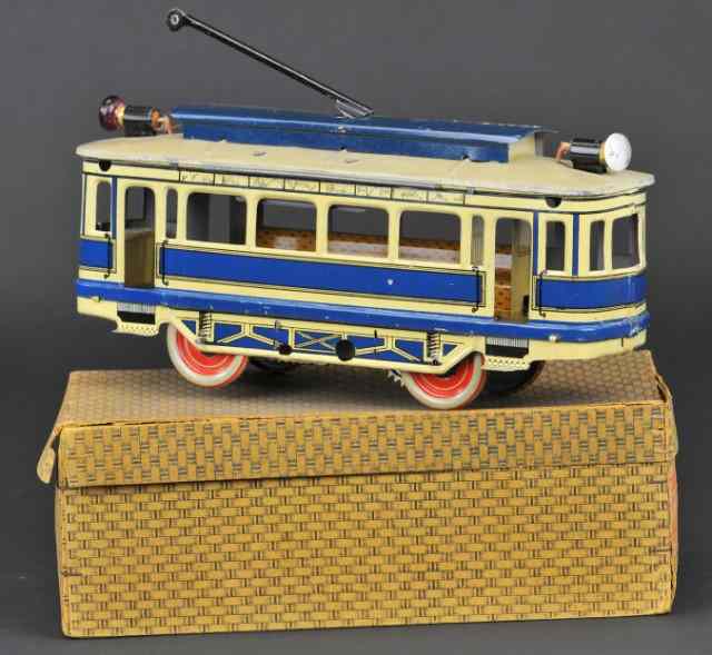 Appraisal: OROBR TROLLEY Lithographed tin done in blue and yellow clockwork