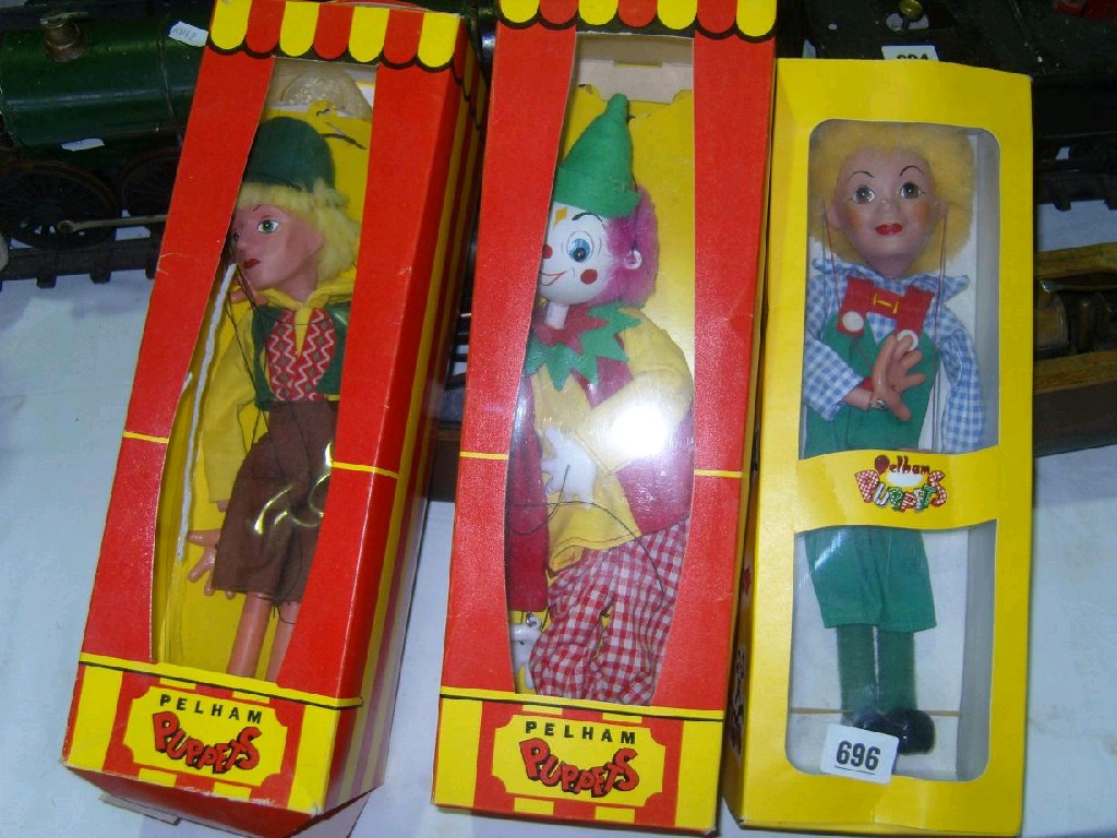 Appraisal: Three boxed Pelham puppets Hansel Gretel and a clown