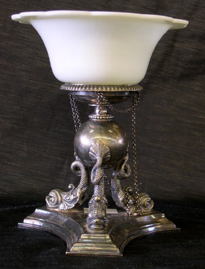 Appraisal: English Tripodal Silverplate Dolphin Stand and Circular Opal Glass Bowl