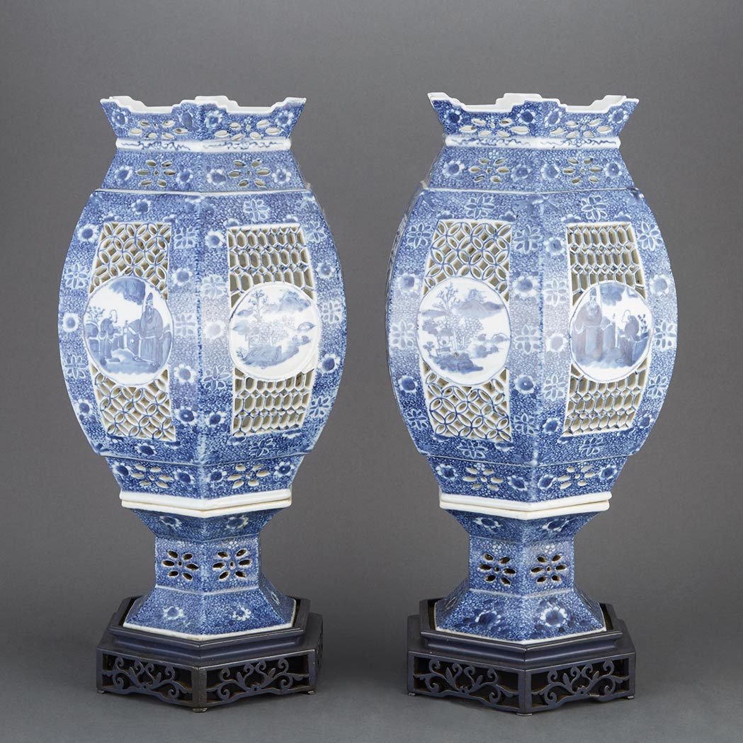 Appraisal: Two Chinese Blue and White Porcelain Lanterns Each now drilled