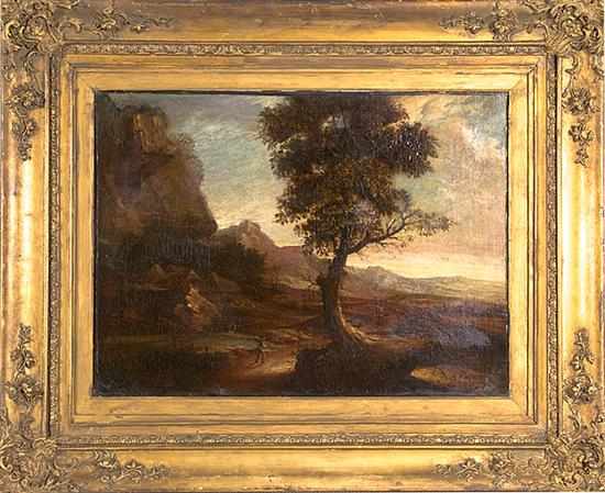 Appraisal: British school th century MOUNTAINOUS LANDSCAPE WITH TREE oil on