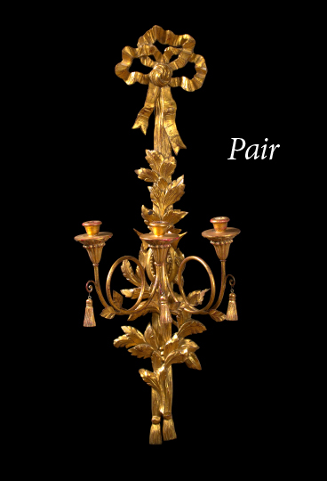 Appraisal: Large Pair of Italian Carved Giltwood and Gilded Wrought-Iron Three-Light