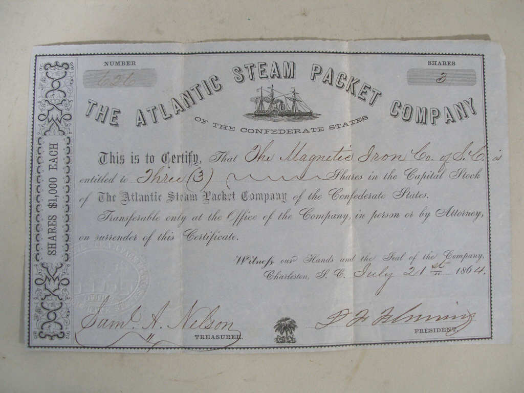 Appraisal: Confederate Blockade Runner Stock Certificate for the Atlantic Steam Packet