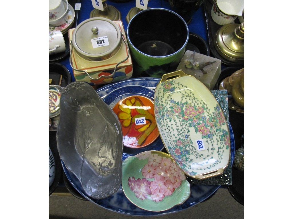 Appraisal: Tray lot to include Orivit pewter dish Poole biscuit barrel