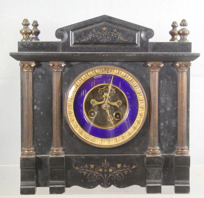 Appraisal: L Marti Cie black marble mantle clock blue enameled chapter