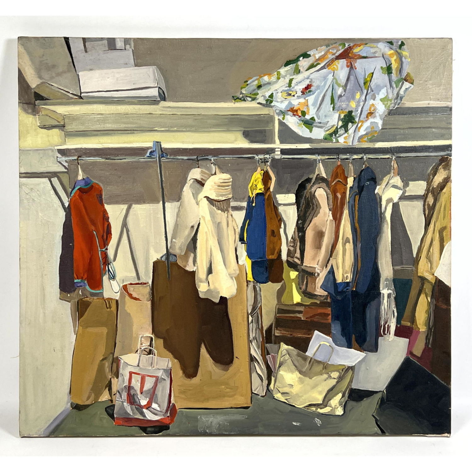 Appraisal: Unsigned Oil Painting of Clothes hanging in a Closet Dimensions