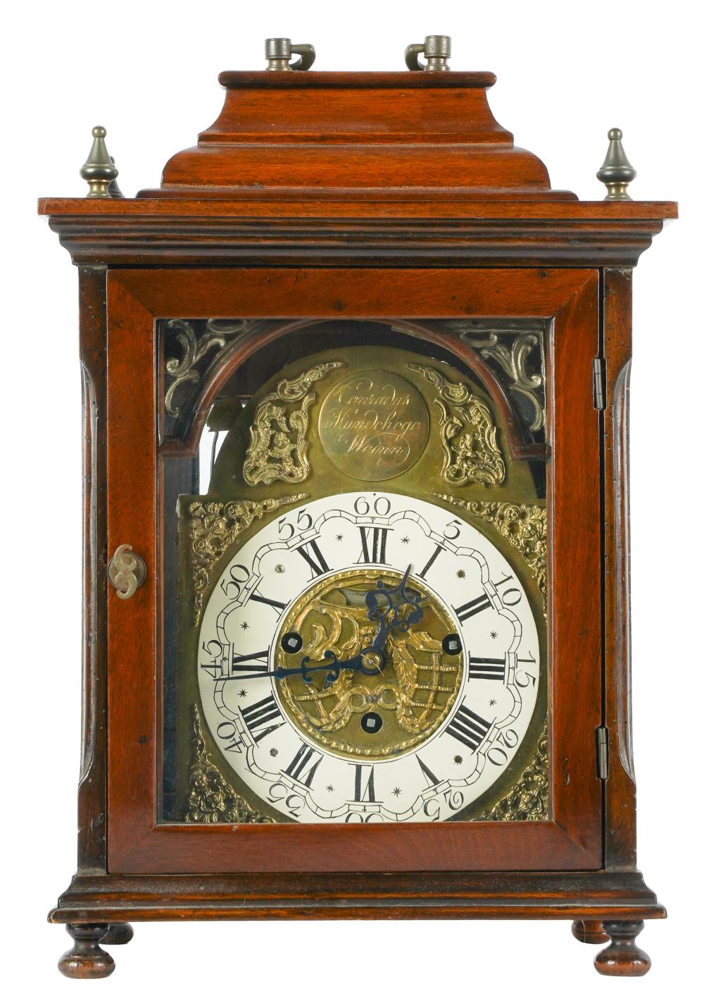 Appraisal: MAHOGANY BRACKET CLOCKthe brass dial signed Conradus Hundehege Weinn with