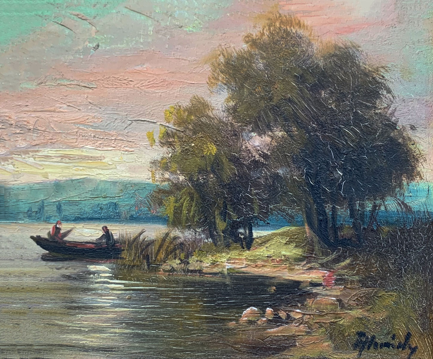 Appraisal: ILLEGIBLY SIGNED IMPRESSIONIST RIVER PAINTING Figures in a Boat Along