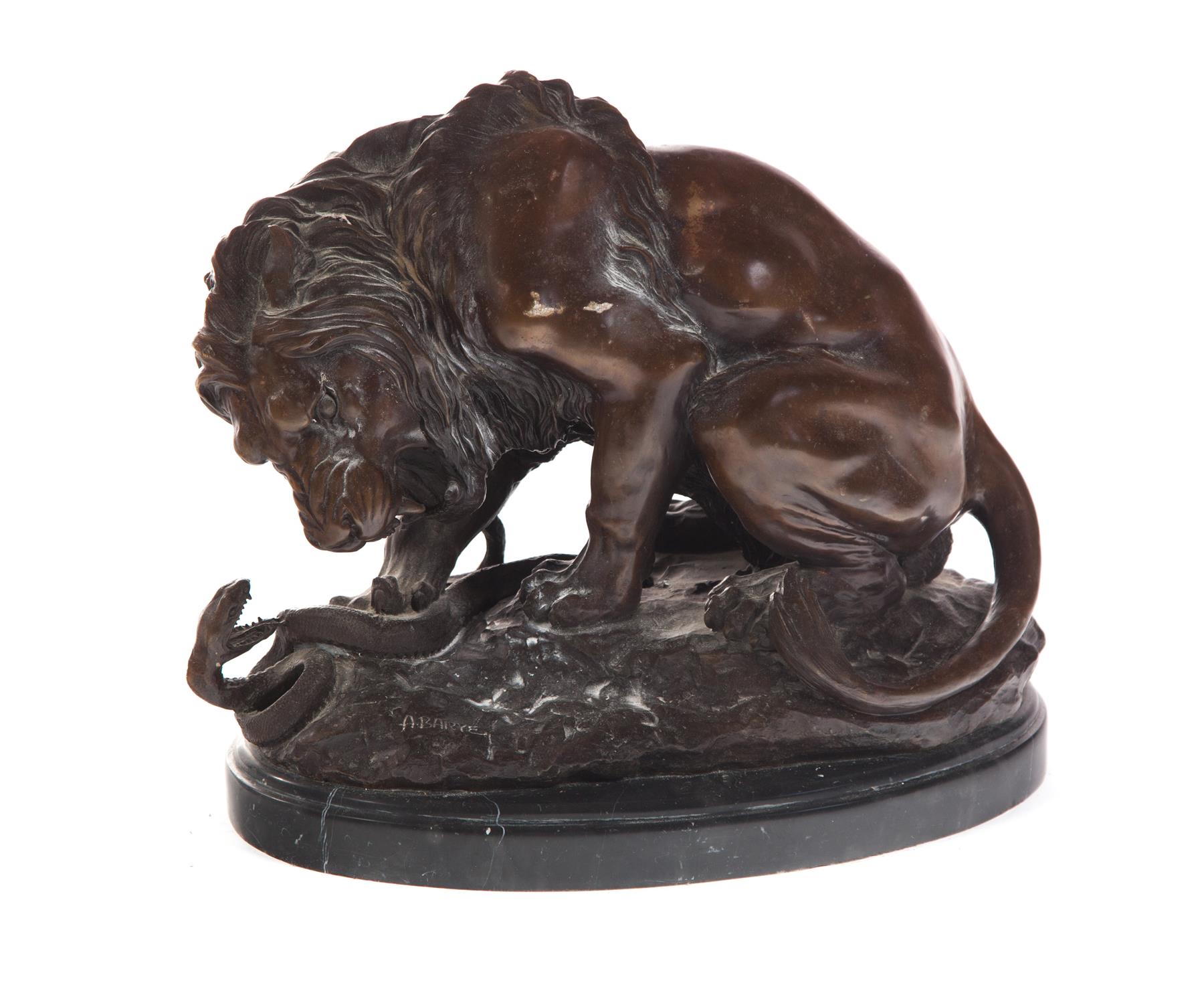 Appraisal: BRONZE LION AND SNAKE AFTER ANTOINE LOUIS BARYE FRANCE -