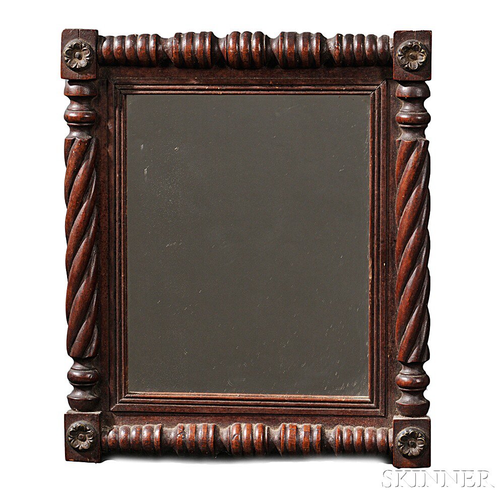 Appraisal: Small Walnut Carved and Turned Split-baluster Mirror New England c