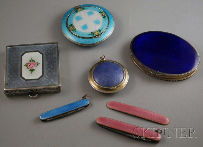 Appraisal: Six Silver and Enamel Desk and Accessory Items four sterling