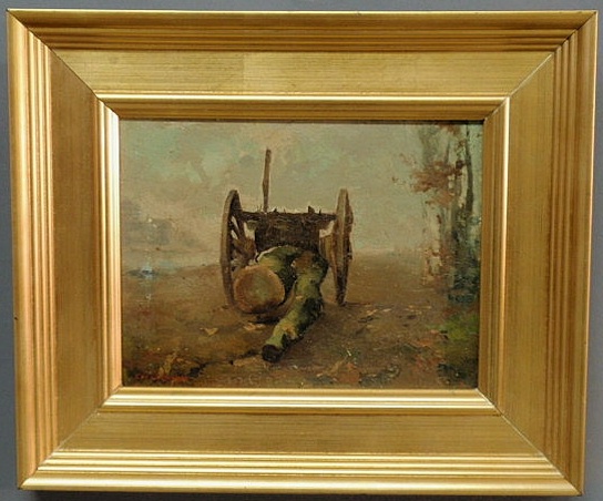 Appraisal: Oil on panel painting of a logging cart and signed