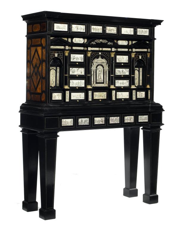 Appraisal: A FLEMISH IVORY-MOUNTED AND EBONISED CABINET-ON-STAND of architectural form fitted