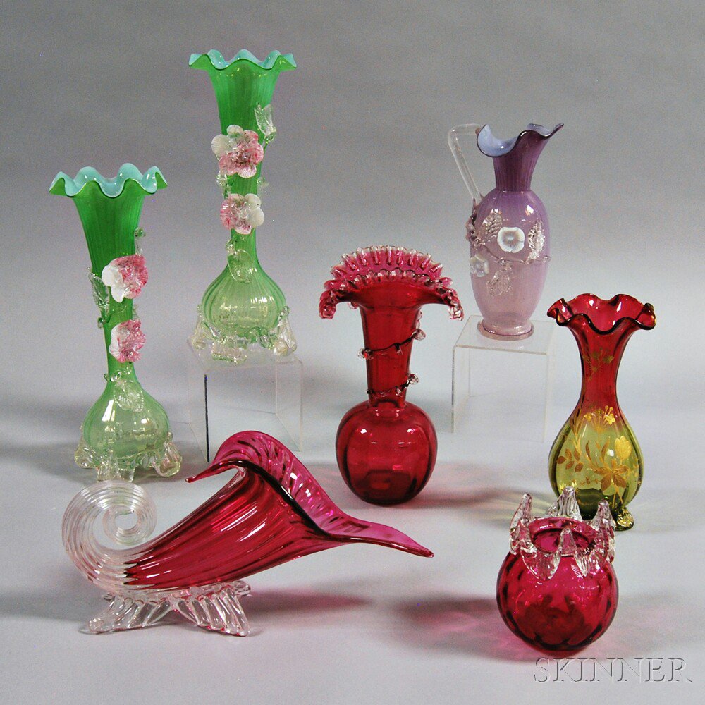 Appraisal: Seven Glass Items three cranberry a cornucopia vase on an