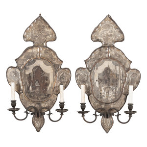 Appraisal: A Pair of Italian Mirrored Two-Light Sconces Late th Early