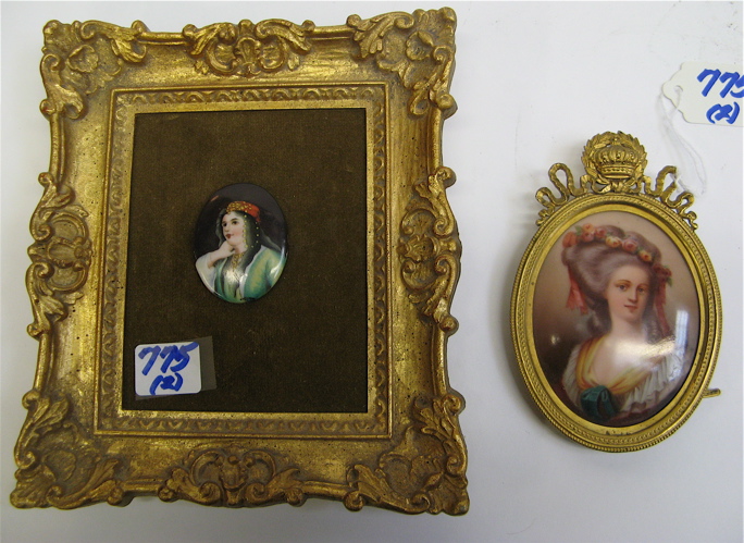 Appraisal: TWO MINIATURE OIL PAINTINGS ON PORCELAIN the first a woman