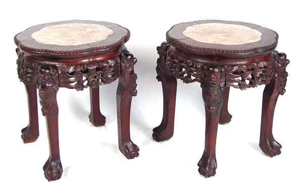 Appraisal: PAIR CHINESE MARBLE INSET CARVED STANDS Measures '' high x