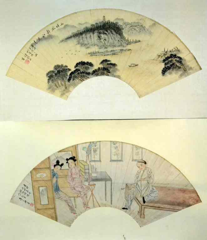 Appraisal: Chinese Watercolor Fan PaintingsOne painted to depict two beauties and