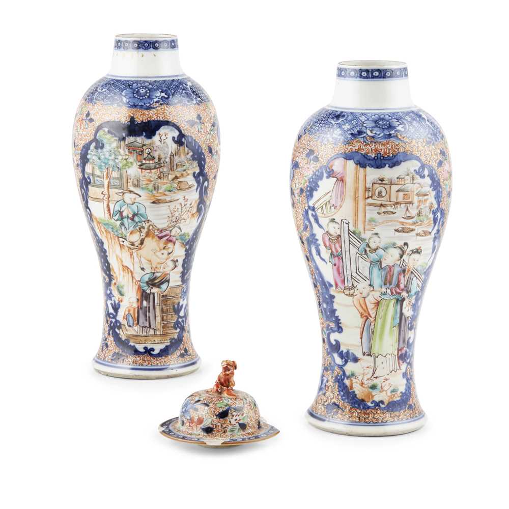 Appraisal: PAIR OF BLUE AND WHITE WITH FAMILLE ROSE VASES WITH