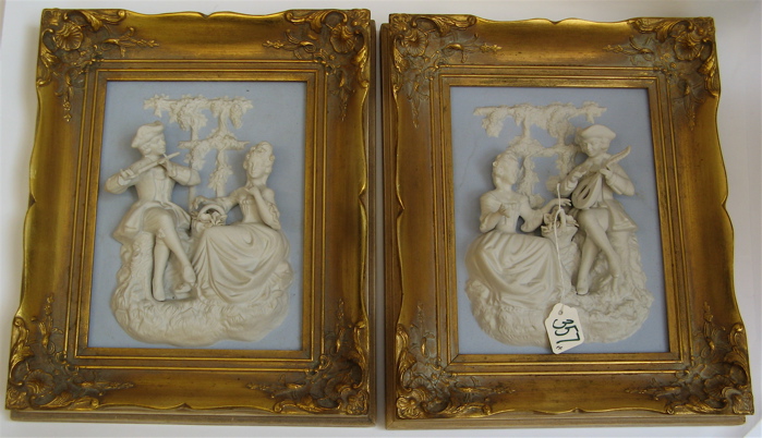 Appraisal: PAIR FRAMED BISQUE WALL PLAQUES each of th century courting