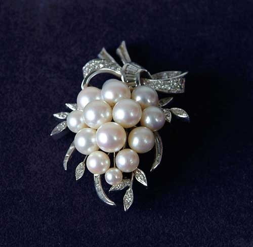 Appraisal: FINE WHITE GOLD OR PLATINUM DIAMOND AND PEARL BROOCH The