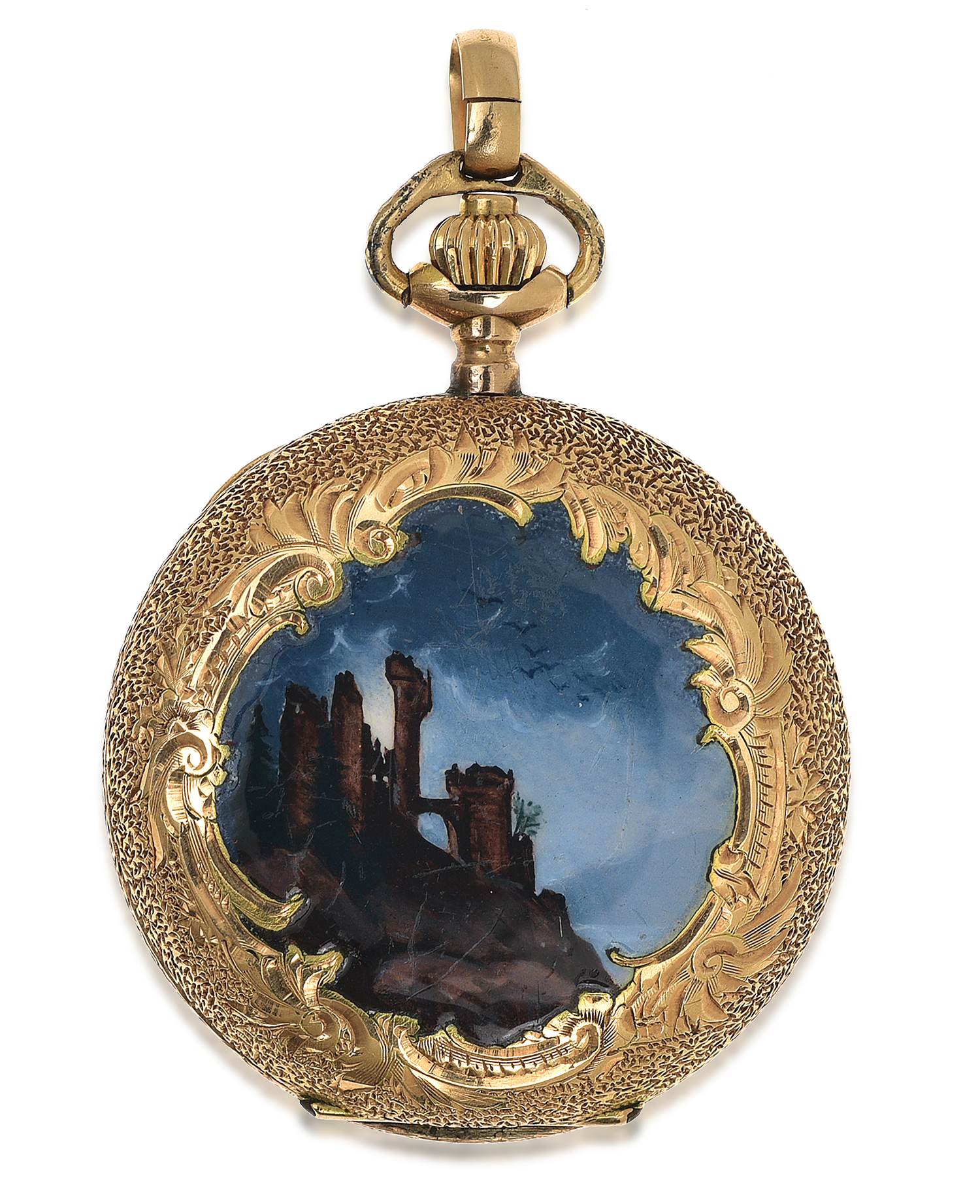 Appraisal: A GOLD AND ENAMEL MID-SIZE HUNTER POCKET WATCH Crown wind