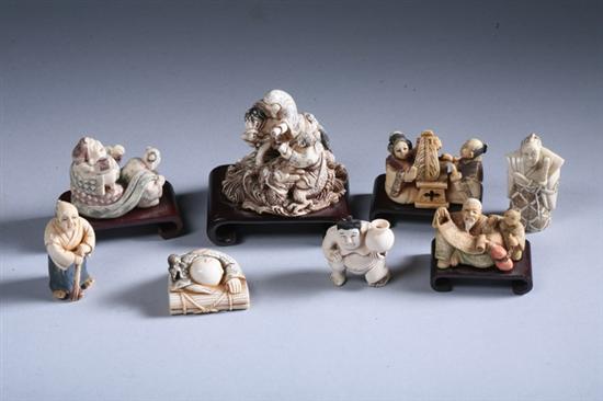 Appraisal: EIGHT JAPANESE IVORY FIGURAL NETSUKE th century - Largest in