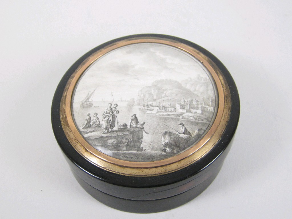 Appraisal: A circular lidded Patch Box the tortoiseshell lid with gold