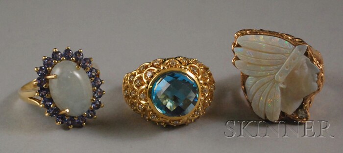 Appraisal: Three Gold Gem-set Rings a kt gold ring with carved