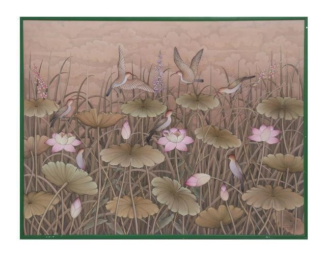 Appraisal: Framed painting on canvas Birds and Lotus Flowers signed lower