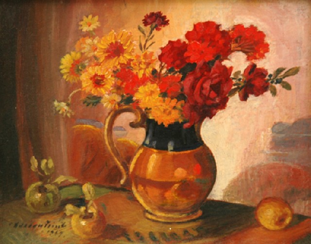 Appraisal: Adrian Feint - Red and Yellow Flowers in a Lustre