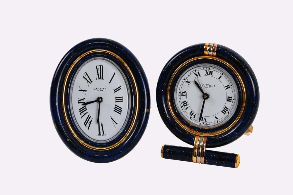 Appraisal: TWO CARTIER FAUX LAPIS AND BRASS QUARTZ CLOCKSModern Marked Cartier