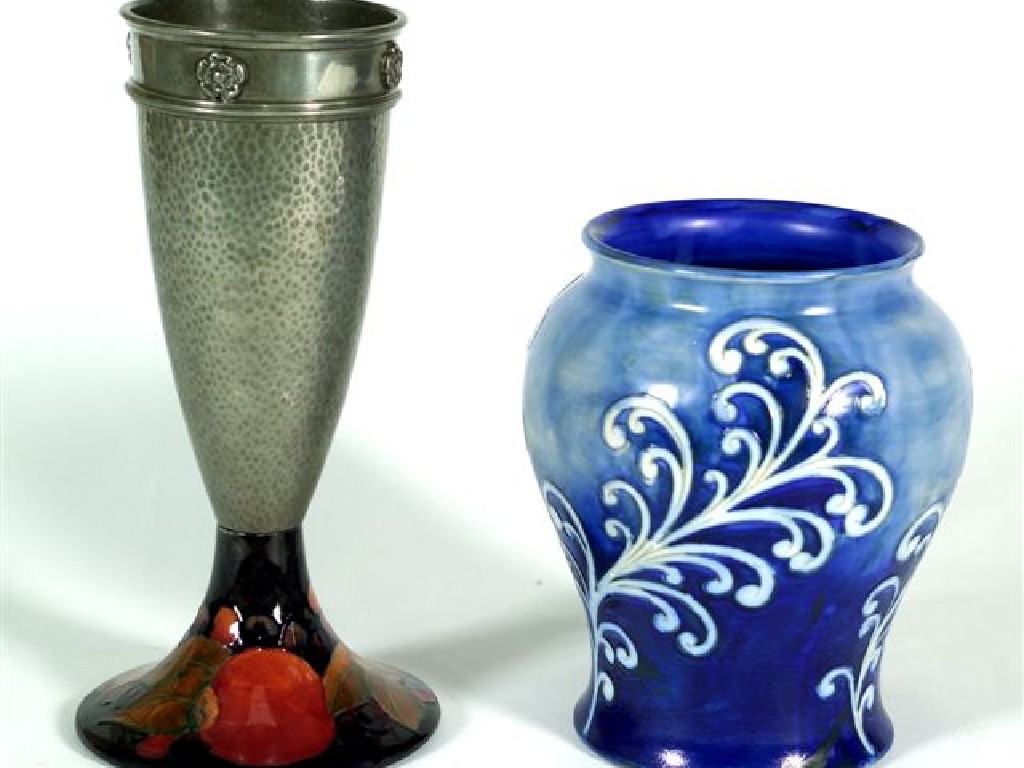 Appraisal: RARE WILLIAM MOORCROFT POTTERY AND PEWTER POMEGRANATE GOBLET the circular