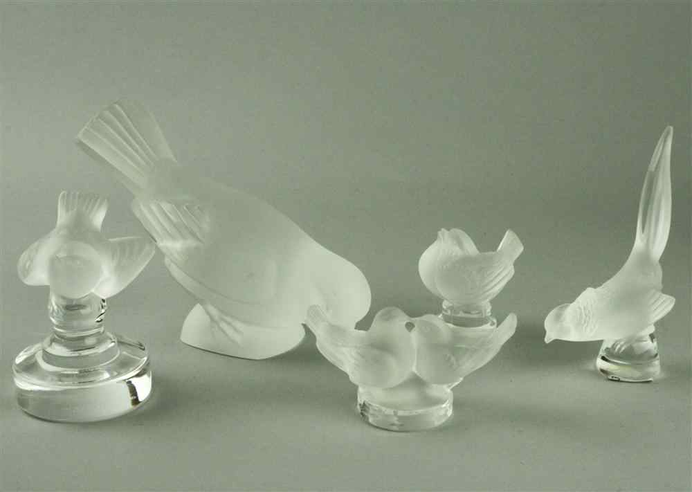 Appraisal: FIVE LALIQUE FROSTED BIRDS including a finch a pheasant a