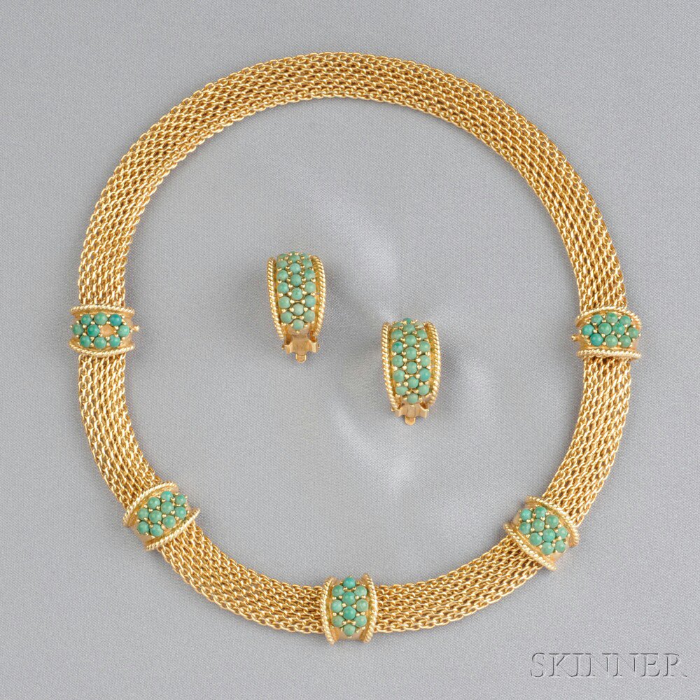 Appraisal: kt Gold and Turquoise Convertible Suite a tubular mesh necklace