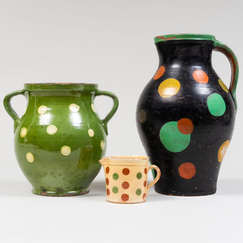 Appraisal: Group of Three Glazed Earthenware Vessels Probably American Unmarked Comprising