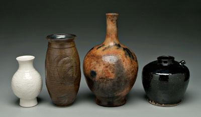 Appraisal: Four pieces studio pottery wood-fired earthenware bottle unmarked - in